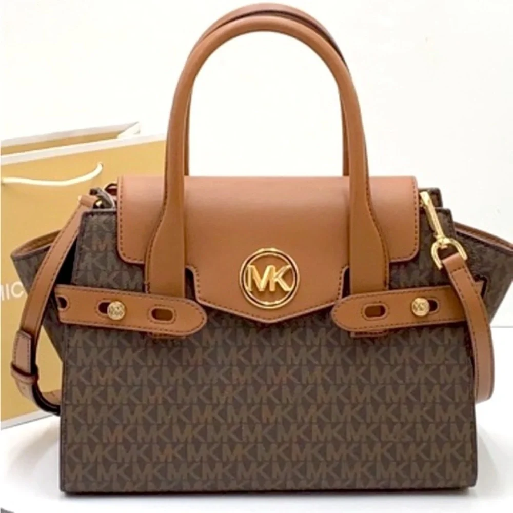 MICHAEL KORS Carmen Medium Faux Leather Belted Satchel Brown Signature color